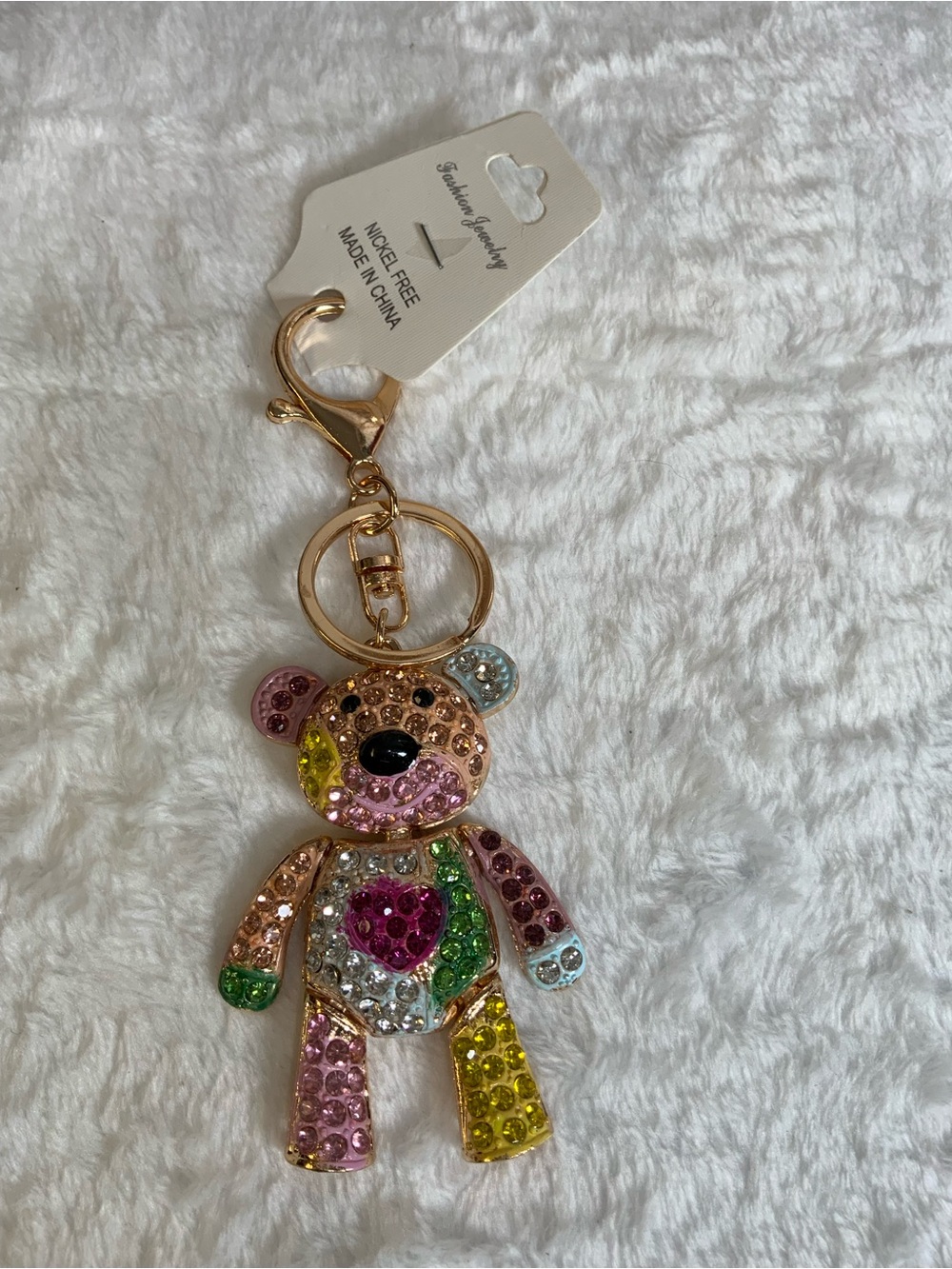 Gold-Tone Multicolor Crystal Teddy Bear Keychain